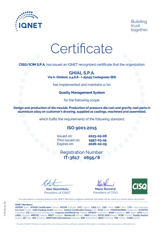 Certificato IQNet: ISO 9001:2015 nr IT-3617