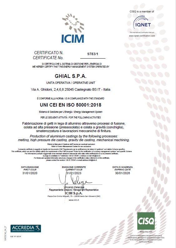Certificato ICIM: UNI CEI EN ISO 50001:2018 NR. 9783/0