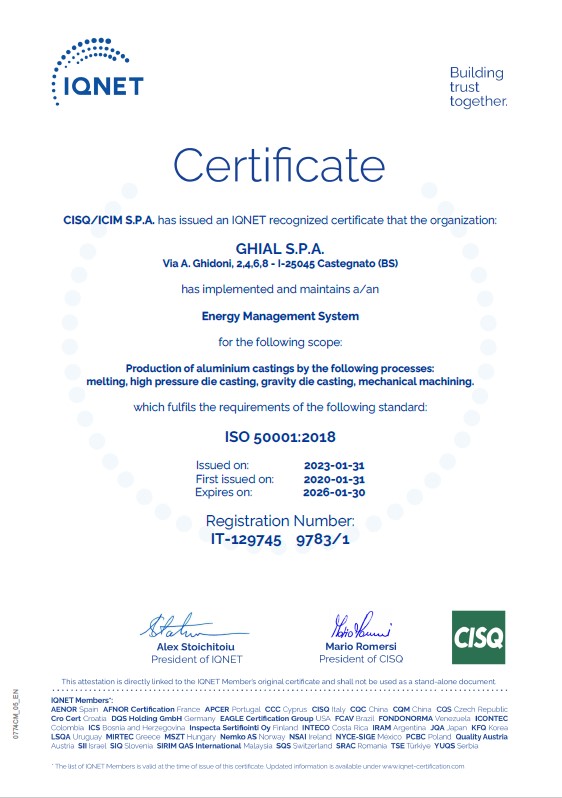 Certificato IQNet: ISO 50001:2018 NR. IT-129745